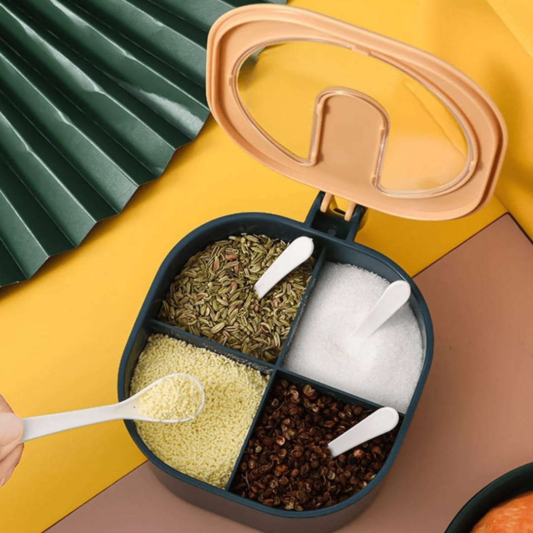 4 In 1 Partition Kitchen Seasoning Box Masala Box Set 4 Grid Portion Spice Jar Container Square Pepper Pot Box Spice Rack Kitchen Storage 4 Compartments Salt Box Achar Jar Dry Fruits Box Soup Spices